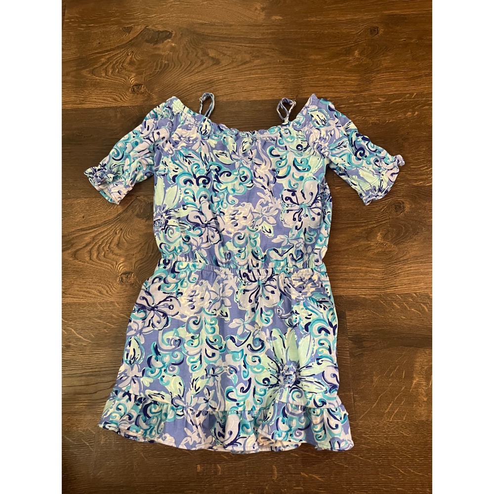 Lilly‎ Pulitzer Girls Blue Floral Paisley Romper Off Shoulder Size M 6-7